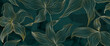 © VectorART - Abstract dark green background with golden exotic flowers in line art style. Hand drawn floral botanical banner for wallpaper design, decor, wall