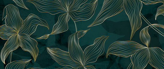 abstract dark green background with golden exotic flowers in line art style. hand drawn floral botan