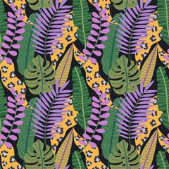  Vector seamless pattern with tropical leaves. Jungles. Tropical pattern. Animal print. Hand drawn illustration. The print is used for Wallpaper, fabric, textile.