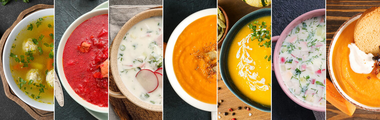 Set of tasty soups in bowls, top view