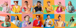 Collage with many young people on bright colorful background