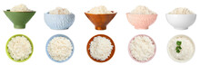 Set Of Bowls With Tasty Boiled Rice On White Background