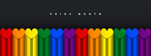 Pride Month Banner Design With Colorful Rainbow Hearts Cute Isolated On Black Background. Vector Illustration.