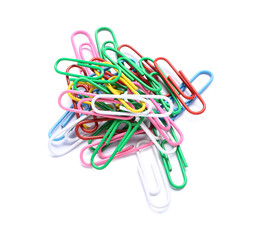 Wall Mural - Colorful paper clips on white background, top view