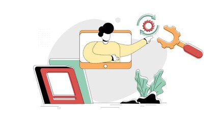 Poster - Flat Illustration Vector Graphic of Retraining, concept of a man doing a re-examination on a computer, Retro style minimal green red yellow color, perfect for ui ux development, web