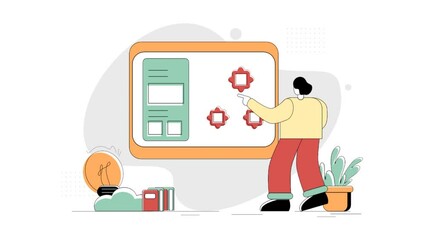 Fototapete - Animated Creative Teaching Online Education flat illustration, the concept of a male teacher teaching on the board, minimal green red yellow style retro shape line