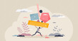 Heavy burden and various problems load for tired man tiny person concept. Businessman carrying psychological mental problems, struggle and emotional difficulties as moral overload vector illustration.