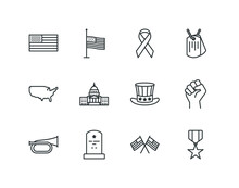 Memorial Day And Veterans Day Outline Icon Set With Flag And Military Vector Icons