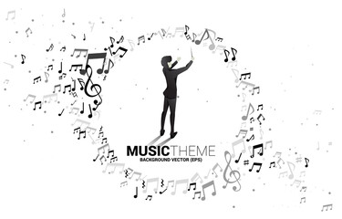 Poster - Vector silhouette of conductor with music melody note dancing flow . Concept background for classic music concert and recreation.