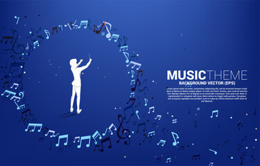 Poster - Vector silhouette of conductor with music melody note dancing flow . Concept background for classic music concert and recreation.