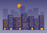 Fototapeta Miasto - Urban landscape with modern buildings in the night view. Cityscape in minimal flat design. Vector Illustration.