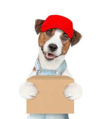 Poster - Jack russell terrier puppy wearing overalls and red cap holds big box. isolated on white background
