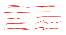 Red Brush Stroke Underline. Marker Pen Highlight Stroke. Vector Swoosh Brush Underline Set For Accent, Marker Emphasis Element.