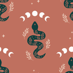 Wall Mural - Vector seamless pattern with boho snake. Print with magic serpent, moon phase, flowers and stars. Mystical esoteric background for digital paper, fabric design, phone case, wrapping, cover.