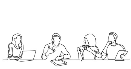 Poster - continuous line drawing of office workers at business meeting