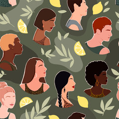 Wall Mural - Seamless pattern of diverse people, leaves and lemons on military background. An unusual pattern is suitable for the most interesting ideas.