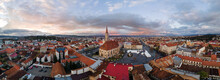 Aerial Drone Panoramic View Of Saint Michael Church In Cluj At Sunset, Romania