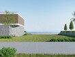 3d rendering of modern luxury house with concrete road and lawn yard on sea background.