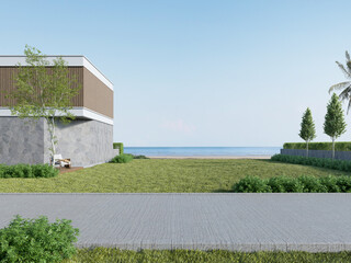 Poster - 3d rendering of modern luxury house with concrete road and lawn yard on sea background.