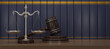 3D render wooden judge gavel and silver balance scale on wood table with books as background. Judge hammer icon law gavel.  Auction court hammer bid authority symbol, concept. 3d rendering.
