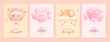 © AM_art - Set of baby shower invitation with cartoon girl, rainbow, sun, bear and bunny on pink and beige background. It's a girl. Vector illustration