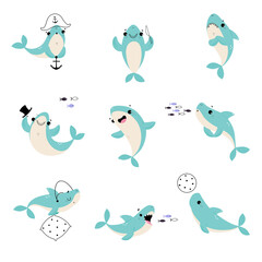 Sticker - Comic Blue Shark with Fins as Marine Animal Floating in the Ocean Vector Set