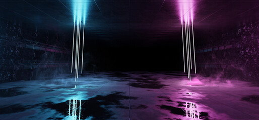 Aufkleber - Futuristic blue and pink neon lights interior. Cyber neon laser tubes in garage room hangar. Sci fi dark tunnel warehouse with metal panels wall lighted. Construction corridor 3d Rendering