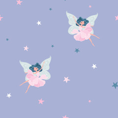 Wall Mural - Beautiful seamless pattern design, butterfly girl with stars illustration, children artworks, wallpapers, posters, greeting cards prints. 