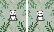 Card Or Invitation With Pandas With Watercolor Leaves And Flowers. For Boy And Girl.