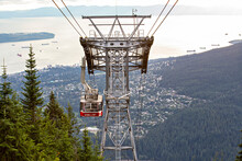 VANCOUVER, CANADA - October 2019: Grouse Mountain Skyride, Cable Car At Sunset, North Vancouver, Canada