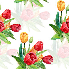 Red tulips seamless pattern.Image on a white and colored background.