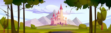 Pink Fairy Tale Castle In Mountain Valley. Vector Cartoon Illustration Of Fall Landscape With Fantasy Royal Palace With Towers, Green Grass, Leaves On Trees And Rocks On Horizon