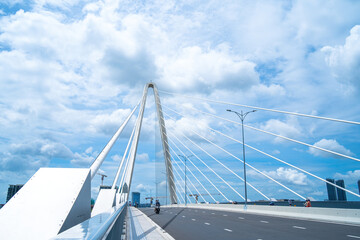 Ho Chi Minh city, Vietnam - MAY 22 2022: Thu Thiem 2 bridge, connecting Thu Thiem peninsula and District 1 across the Saigon River in Bach Dang port