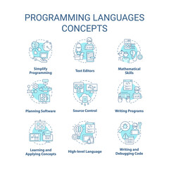 Programming languages turquoise concept icons set. Writing code. Computer science idea thin line color illustrations. Isolated symbols. Editable stroke. Roboto-Medium, Myriad Pro-Bold fonts used