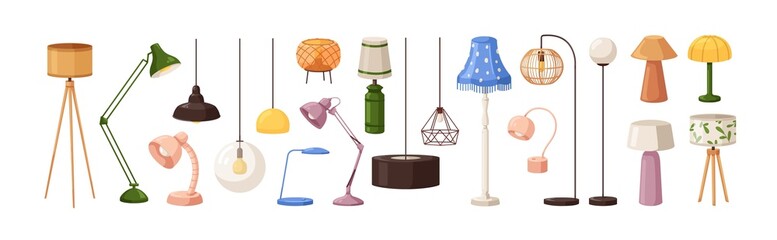 Poster - Electric table, floor lamps, lampshades, ceiling chandeliers, bedside nightlights set. Different interior light decor standing and hanging. Flat vector illustrations isolated on white background