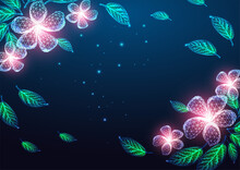 Futuristic Floral Banner Concept With Glowing Low Polygonal Pink Flowers And Green Leaves Frame