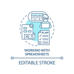 Poster - Working with spreadsheets turquoise concept icon. Programming skills abstract idea thin line illustration. Isolated outline drawing. Editable stroke. Arial, Myriad Pro-Bold fonts used