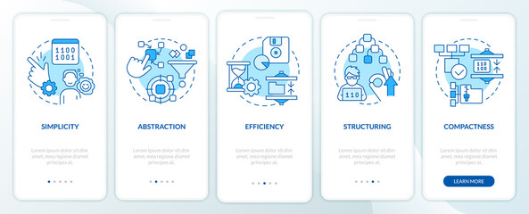 Features of programming languages blue onboarding mobile app screen. Walkthrough 5 steps graphic instructions pages with linear concepts. UI, UX, GUI template. Myriad Pro-Bold, Regular fonts used
