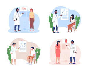 Poster - Checkup of patients organs 2D vector isolated illustrations set. Medicine flat characters on cartoon background. Clinic colourful scene for mobile, website, presentation pack. Comfortaa font used