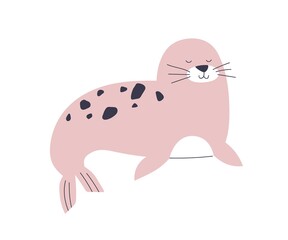 Poster - Cute seal, sea dog calf. Scandinavian baby animal. Funny sweet lovely Scandi character sleeping, lying. Childish nordic colored flat vector illustration isolated on white background