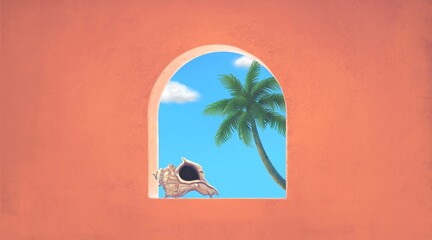 Shell, window and the sea, Concept idea art of summer and travel. Surreal 3d illustration. still life and landscape painting. Conceptual artwork. seascape