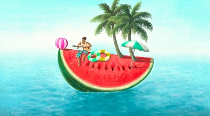 Summer time with the sea. Concept idea art of travel, outdoor, and holiday. Surreal painting. 3d illustration. conceptual artwork. A man playing a guitar on a water melon.