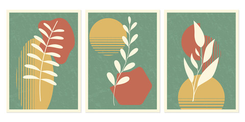 Wall Mural - boho abstract art poster set. modern botanical design with line leaf or plant. organic geometric sha