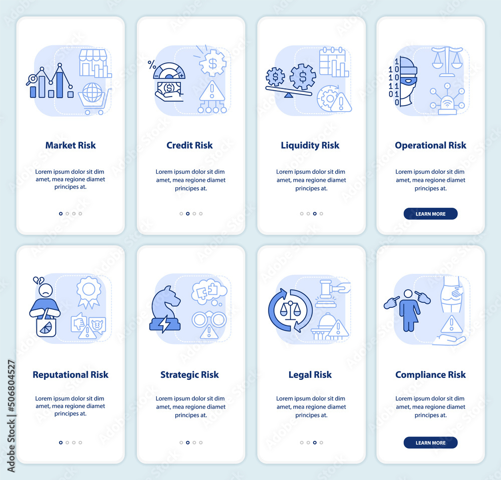 Risk categories light blue onboarding mobile app screen set. Management ...
