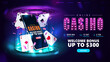 Online casino, banner for website with button, smartphone, poker chips and playing cards on blue and pink digital podium with hologram digital rings in dark room