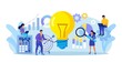 © Nadezhda Buravleva - Businessman catches light bulb with lasso. Tiny people develop creative business idea, innovation project. Team analyzes brainstorming method. Businessmen solve problems, find solutions with teamwork.