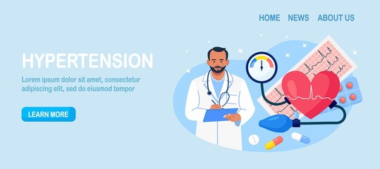 Wall Mural - Hypertension, hypotension disease. Doctor writing results of cardiology checkup. Big heart with sphygmomanometer, cardiogram, medications. Cardiologist measuring patients high blood pressure. Vector