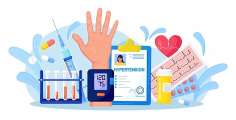 Wall Mural - Medical examination and cardiology checkup. Tonometer, sphygmomanometer. Hypotension and hypertension disease. Measuring high blood pressure, test tubes, medicines, syringe and patient medical card