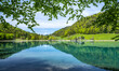 Landscape reflected in the idyllic Hintersteiner See in Tirol, Austria. Europe