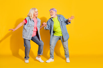 Sticker - Photo of funky pretty girlfriend boyfriend dressed denim outfit having fun empty space isolated yellow color background